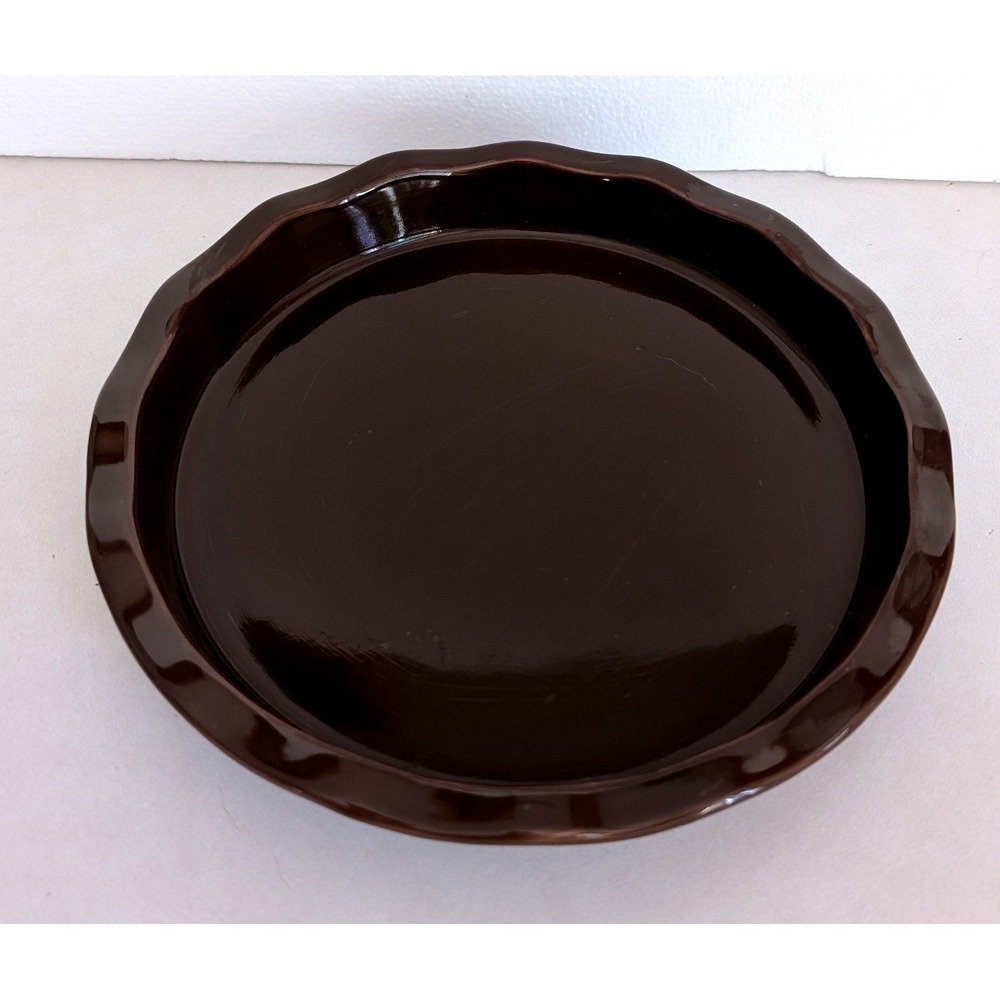 Longaberger Woven Traditions Pie Dish 10" Brown Scalloped Pottery Bakeware